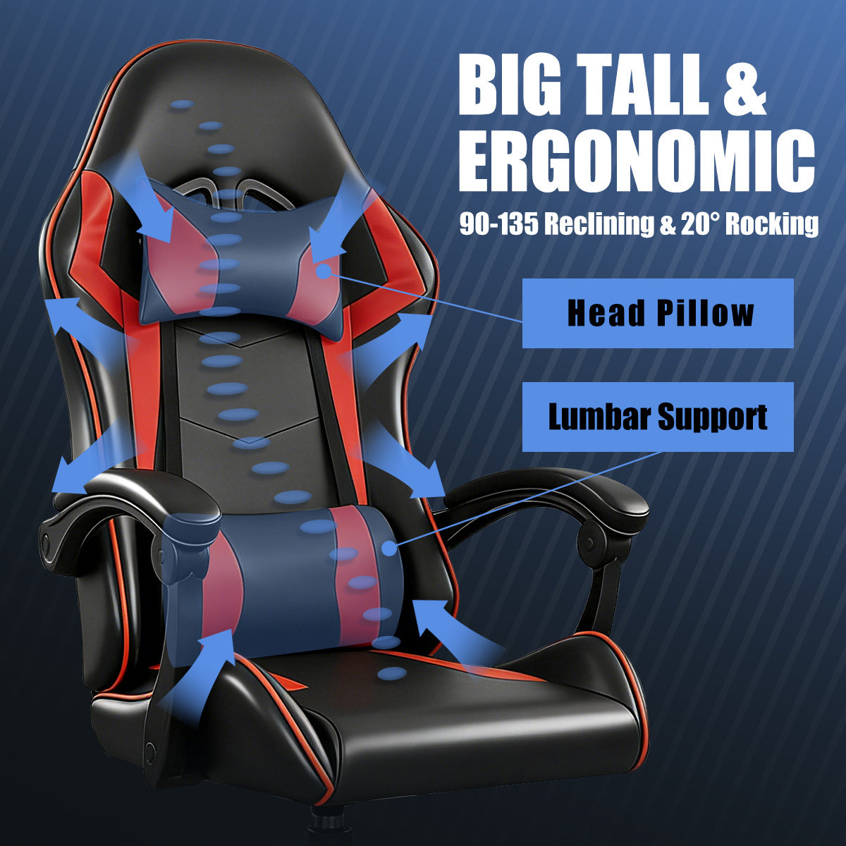 【Gaming Chair】 Ergonomic design Office Chair, height adjustable office chair, Lumbar Support+ headrest, 90° - 135° reclining gaming chair, white, red, gray