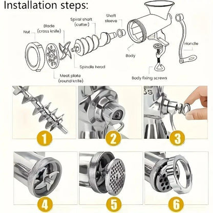 6-in-1 Manual Meat Grinder Aluminum Alloy Sausage Filling Machine Wooden Handle Meat Grinder for Meat and Vegetable Grinding and Sausage Filling