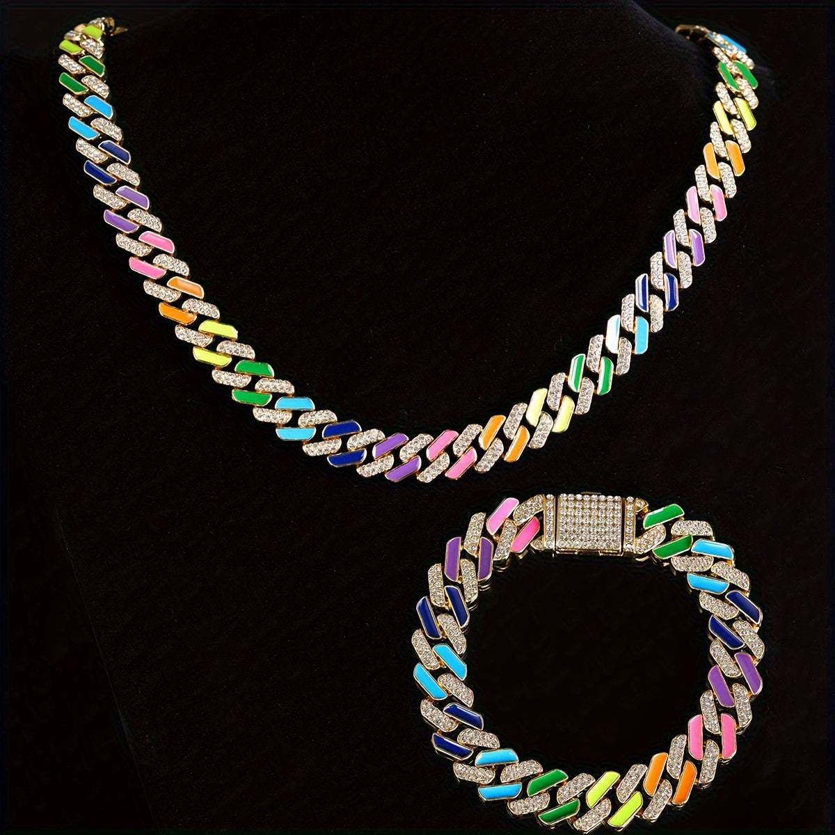 2pcs of Hip-Hop Fashion Style Colorful Oil Drop Spliced Innovative -Shaped Men'S Cuban Chain Fully Studded Necklace