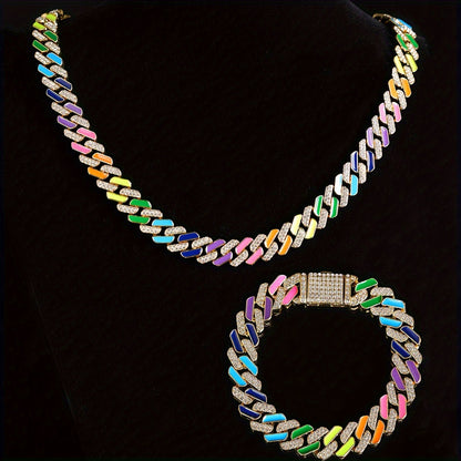 2pcs of Hip-Hop Fashion Style Colorful Oil Drop Spliced Innovative -Shaped Men'S Cuban Chain Fully Studded Necklace