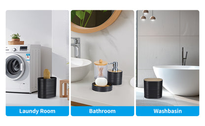 8-Piece Bamboo & Plastic Bathroom Accessories Set, Complete Bathroom Organiser with Toothbrush Holder, Soap Dispenser, Tumbler, Soap Dish, Qtip Holder, Toilet Brush & Waste Bin