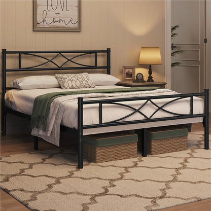 Curved Headboard Metal Bed Frame Platform Bed Vintage Style Built-in Steel Slats 32cm Underbed Storage No Box Spring Needed Single Double King Black White