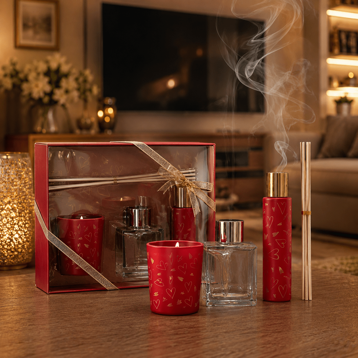 Air Freshener Gift Set with Reed Diffuser, Scented Candle & Room Spray – 4pcs Home Fragrance Set – Surprise Color (2 Color Variants)