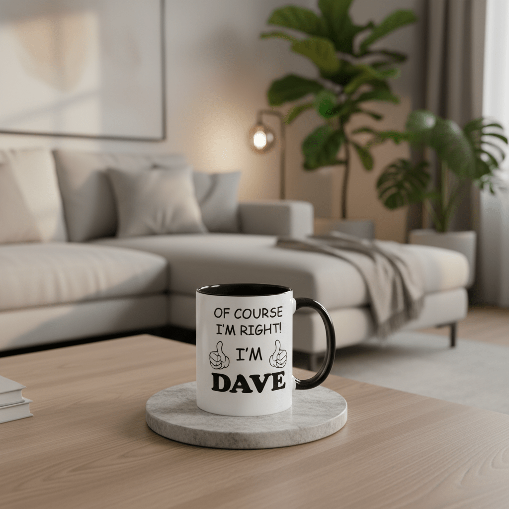 1pc Funny Personalized Name Coffee Mug “Of Course I’m Right, I’m Dave” – 11oz Ceramic Cup with Printed Text – Gift for Home, Office, Daily Use