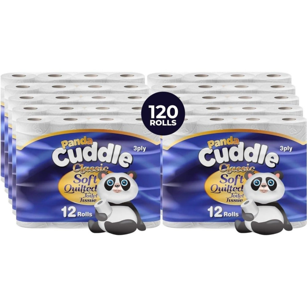 Panda Cuddle 3-Ply Quilted Toilet Paper 120 Rolls – Ultra Soft Hypoallergenic Bulk Loo Rolls, 134 Sheets Per Roll, Septic-Safe Unscented Bathroom Tissue for Home & Office