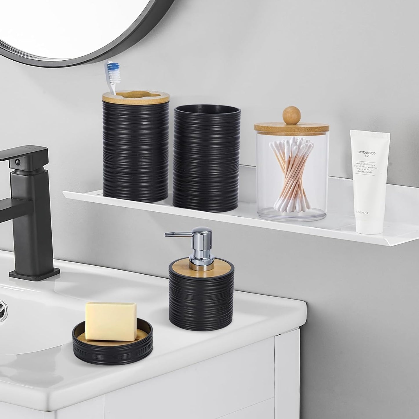 8-Piece Bamboo & Plastic Bathroom Accessories Set, Complete Bathroom Organiser with Toothbrush Holder, Soap Dispenser, Tumbler, Soap Dish, Qtip Holder, Toilet Brush & Waste Bin