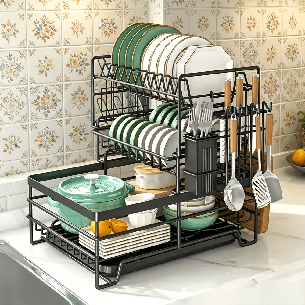 1pc 3 Tier Dish Drainer Rack for Kitchen Counter, Space Saving Dish Rack Large Capacity Drying Rack with Utensil Holder, Cutting Board Holder, Cup Holder And Draining Board