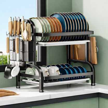 2 Tier Dish Drying Rack with Drip Tray Large Capacity Kitchen Organiser for Plates Bowls & Utensils Space Saving Storage Solution Household