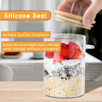 Overnight Oatmeal Container with Lid, 4pcs 17oz Overnight Oatmeal Jar (with Scoop), Salad Meal Prep Jar with Bamboo Lid (for Chia Seed Pudding Salad Cereal Coffee Powder), Sourdough Fermenter for Bread
