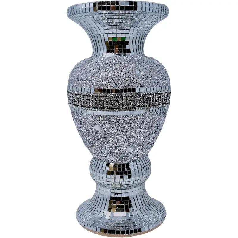 Crushed Diamond Ceramic Silver Vase, Diamante Bling Home Ornament, 30cm, Sparkly Mirrored Flower Vase