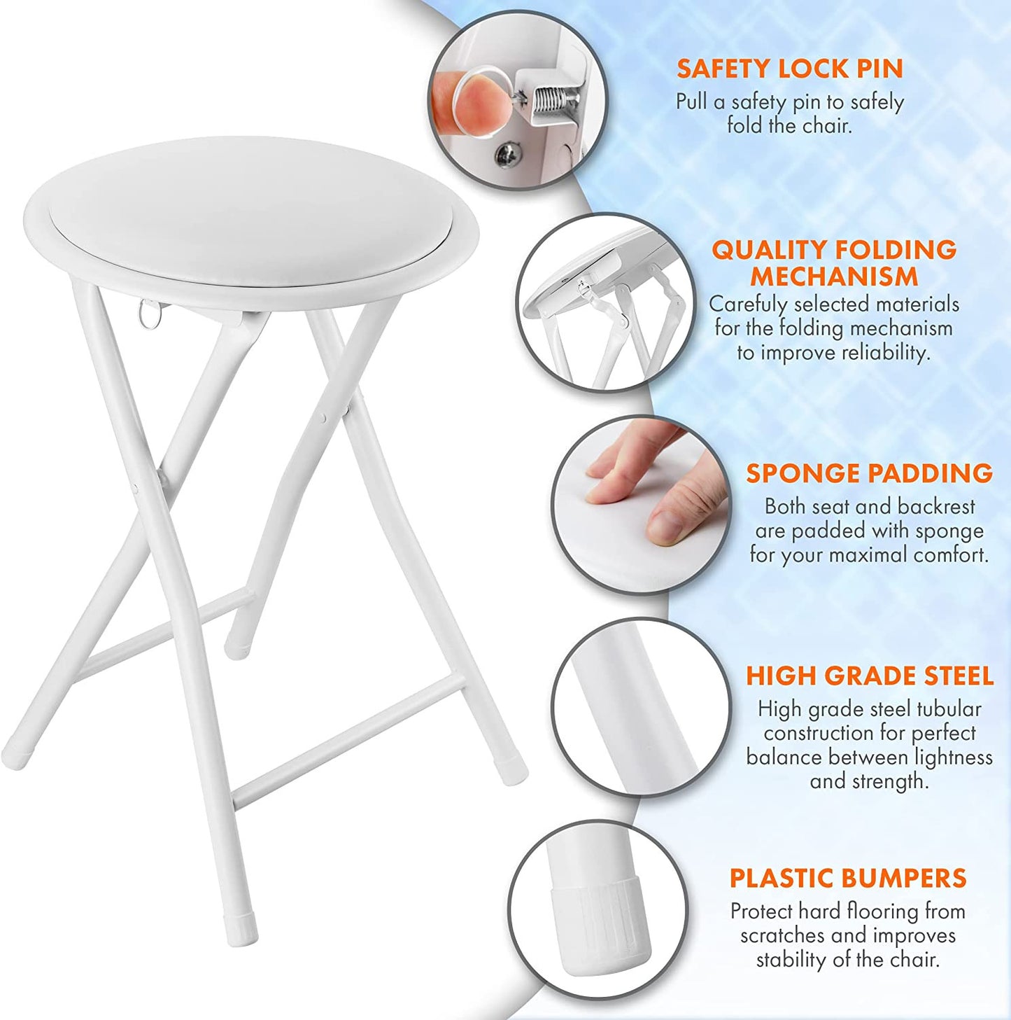 BLACK WHITE FOLDING STOOL ROUND FOLDABLE METAL SPACE SAVING STOOLS PADDED SEAT