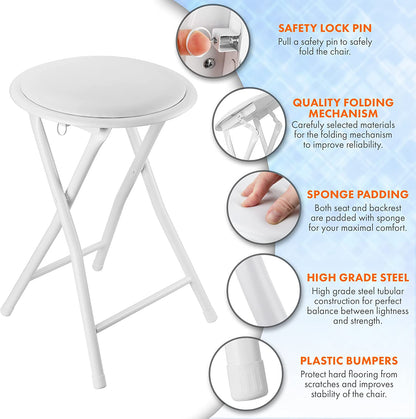 BLACK WHITE FOLDING STOOL ROUND FOLDABLE METAL SPACE SAVING STOOLS PADDED SEAT