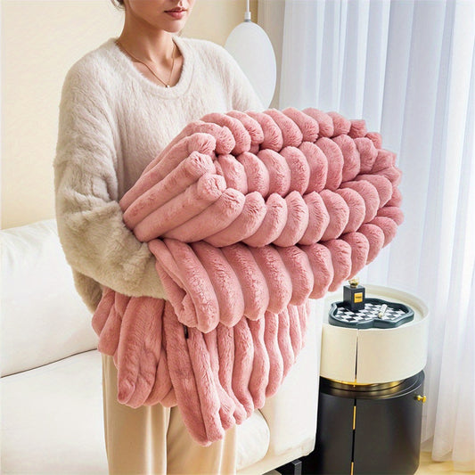 1pc Large Strips Ribbed Throw Blankets | Luxurious 270g Flannel Fleece Blanket | Warm Cozy Blanket Throws For Sofas, Bed, Chair, Couch, Settee | Super Soft Warm Blanket Single Double King Super King Size, Machine Washable, Easy Care, Perfect for Home, Tra