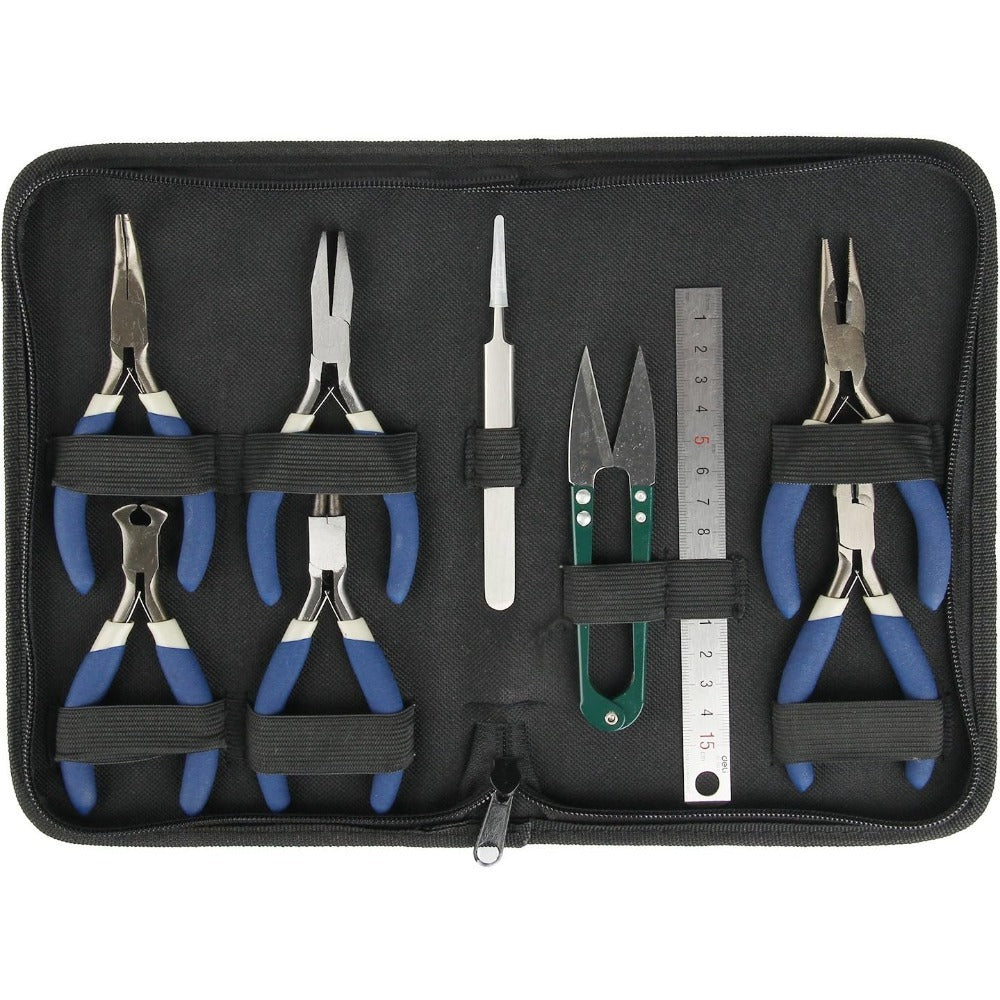 Jewellery Making Pliers Set 9 Piece Carbon Steel Tool Kit with Zipper Case Round Nose Long Nose Bent Nose Flat Nose Diagonal Cutters Scissors Tweezers Ruler for Beading Necklace Craft