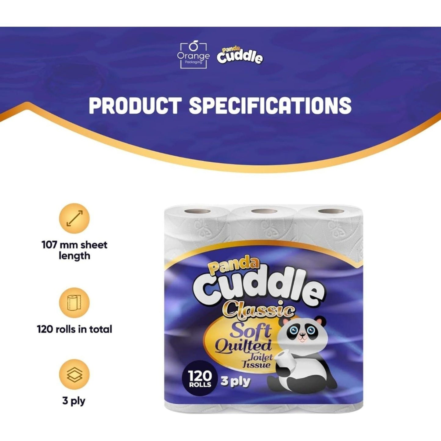 Panda Cuddle ‑ Maxi Value Pack of 120 Rolls 3 Ply Quilted Toilet Paper – Ultra Soft & Gentle Bulk Loo Rolls, Bulk Bathroom Tissue - Gentle Bathroom Tissue, Unscented - Pack of 120