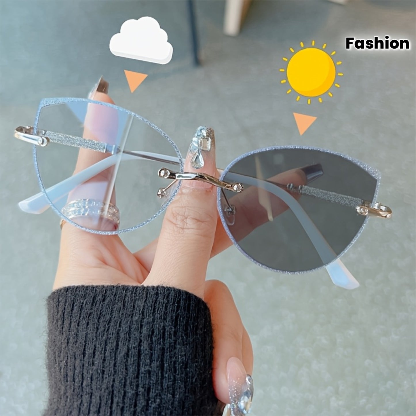 Fashion Cat Eye Frameless Light Sensitive Color Changing Women'S Model with Embedded Sequins Metal Frame Cat Eye Blue Light Transparent Lens Glasses