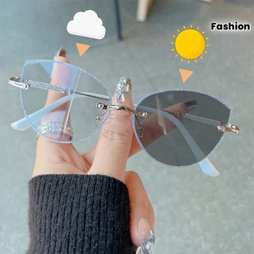 Fashion Cat Eye Frameless Light Sensitive Color Changing Women'S Model with Embedded Sequins Metal Frame Cat Eye Blue Light Transparent Lens Glasses