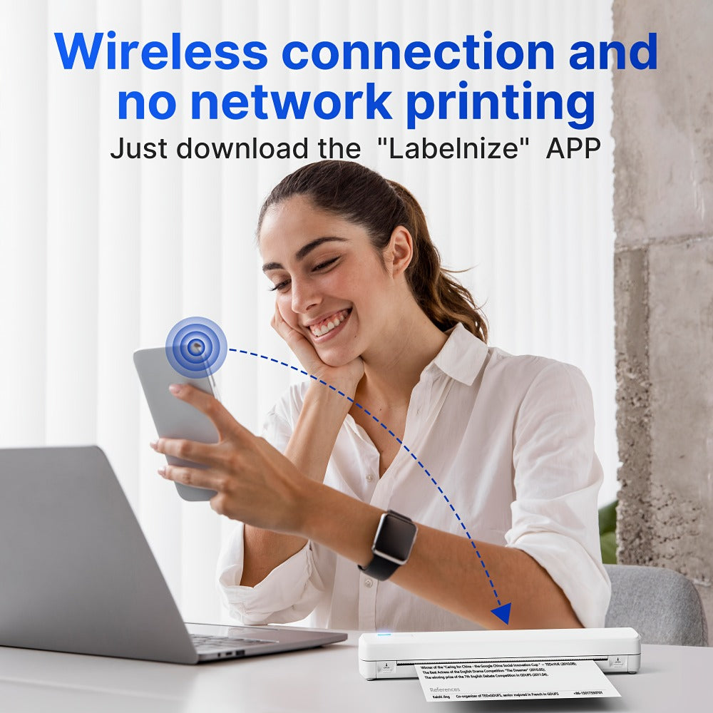 D810B Portable Inkless Thermal Printer A4 & US Letter – Wireless & USB, iOS & Android Compatible, Travel & Office Printer, Tattoo Stencil Printer, 20 Sheets Included