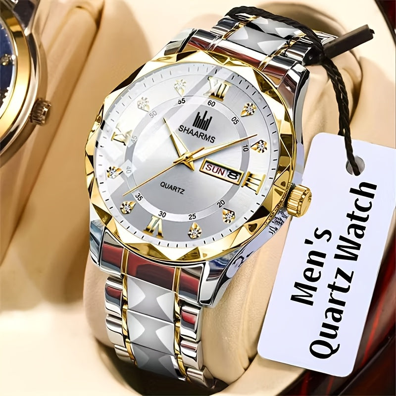 1 New Stainless Steel Band Men'S Quartz Watch Roman Numeral Dial Inlaid with Rhinestones Date Calendar Trendy Fashion Easy Brand Luxury Luminous Sports Leisure Life Travel Business Multi-Function Watch Birthday Gift Holiday Gift Gift Ideal Choice