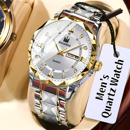 1 New Stainless Steel Band Men'S Quartz Watch Roman Numeral Dial Inlaid with Rhinestones Date Calendar Trendy Fashion Easy Brand Luxury Luminous Sports Leisure Life Travel Business Multi-Function Watch Birthday Gift Holiday Gift Gift Ideal Choice