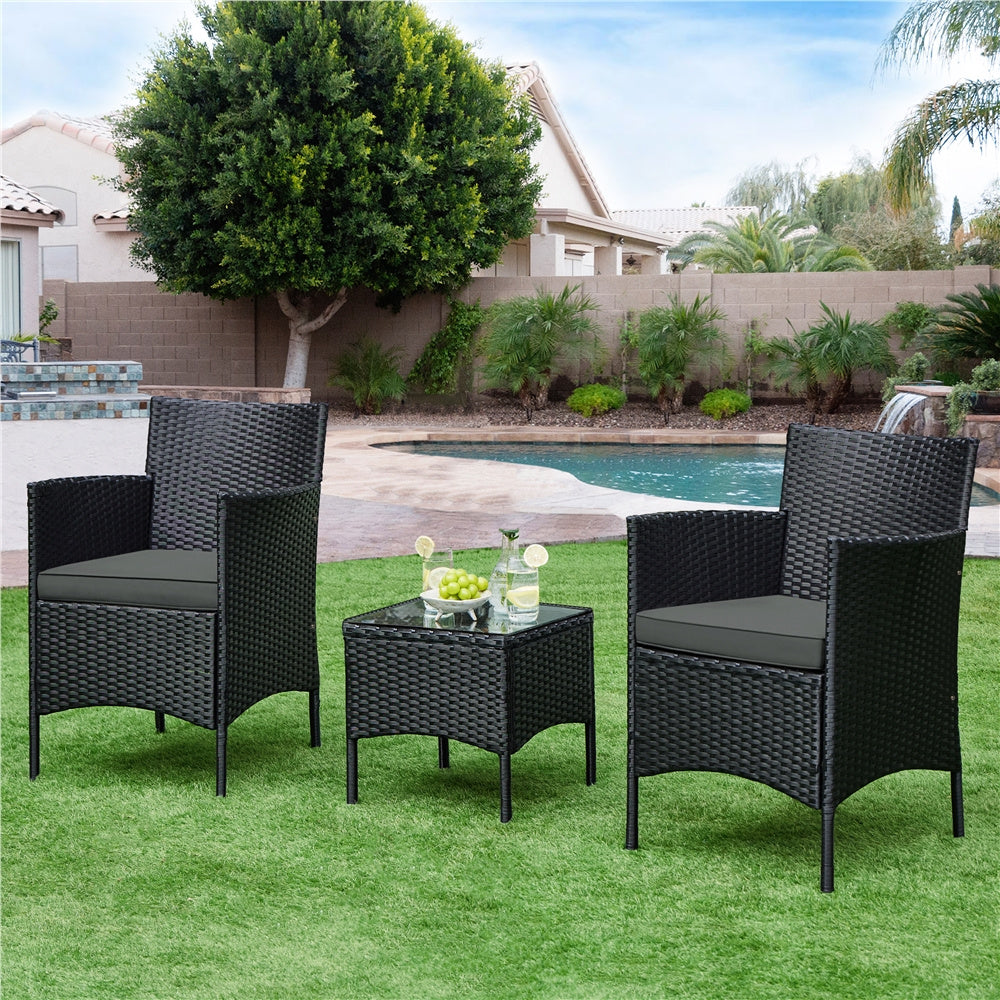 Costoffs Set of 3 Patio Table and Chairs, Outdoor Wicker Conversation Furniture Set, 2pcs Woven Rattan Chairs with Cushions and 1 Side Table