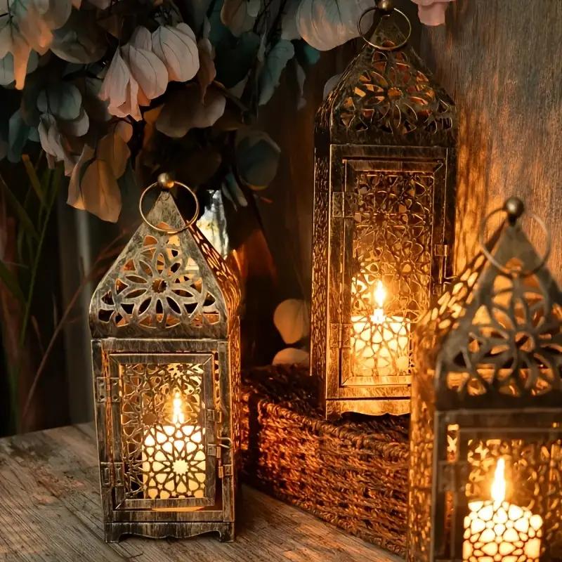 2-Pack Moroccan Style Iron Candle Lantern Holder - Intricate Cut-Out Patterns, Tabletop or Hanging Decor for Wedding, Dining Table, Courtyard, Rustic Elegance with Bakelite Finish (Candles Not Included)