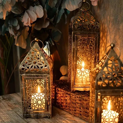 2-Pack Moroccan Style Iron Candle Lantern Holder - Intricate Cut-Out Patterns, Tabletop or Hanging Decor for Wedding, Dining Table, Courtyard, Rustic Elegance with Bakelite Finish (Candles Not Included)