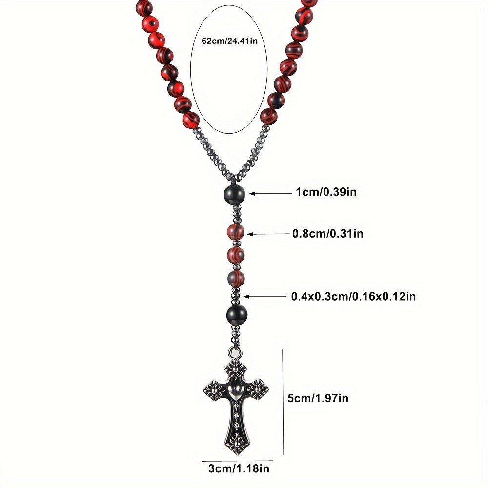 8Mm Red Bead Cross Pendant Necklace for Men And Women, Handmade Jewelry
