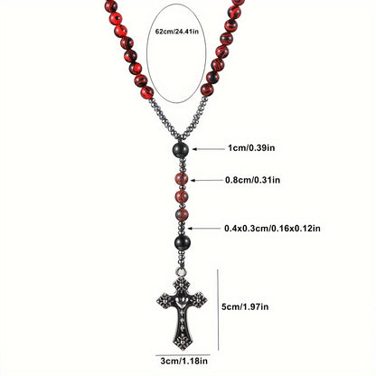 8Mm Red Bead Cross Pendant Necklace for Men And Women, Handmade Jewelry