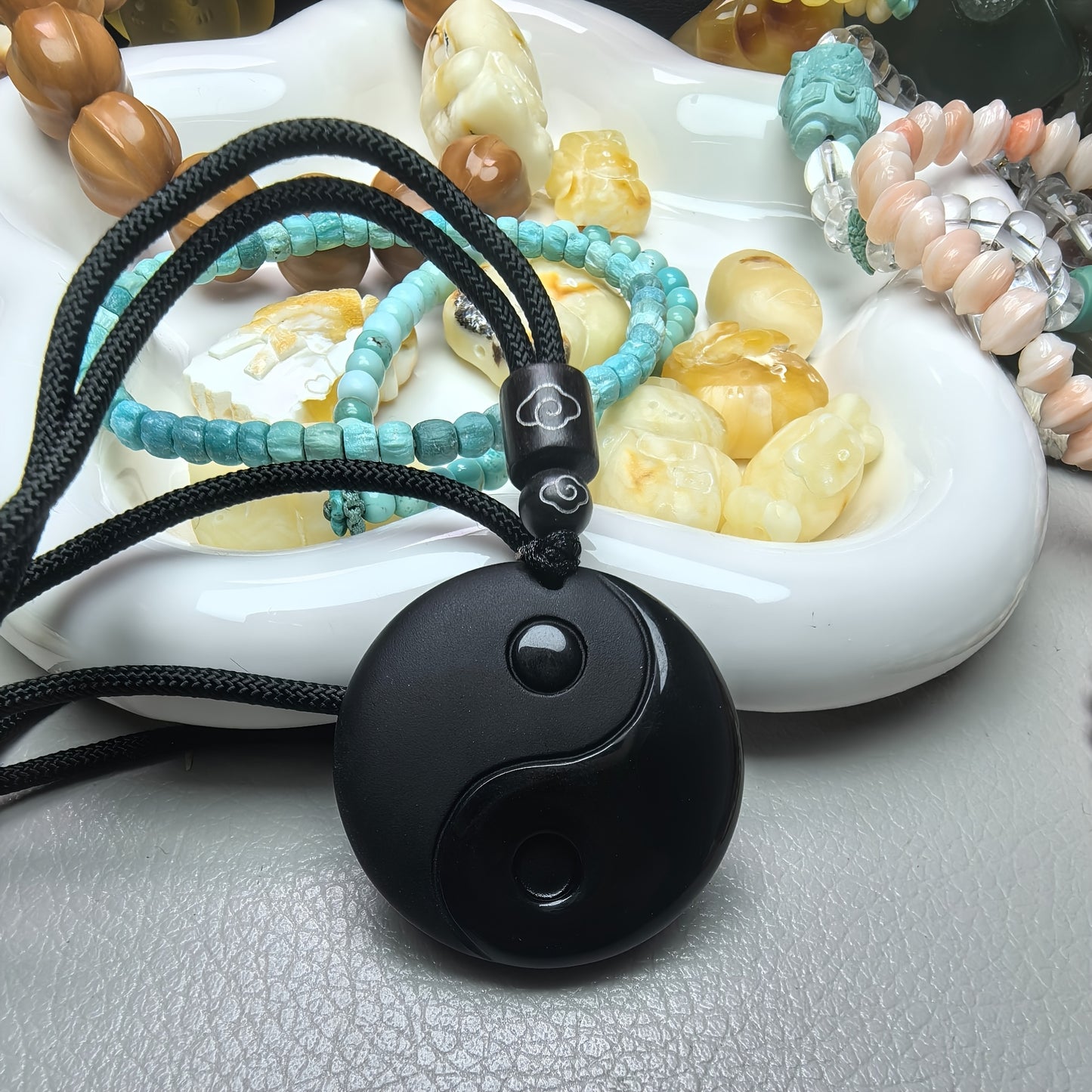 One Piece of Obsidian Yin Yang Tai Chi Pendant Necklace Designed for Men