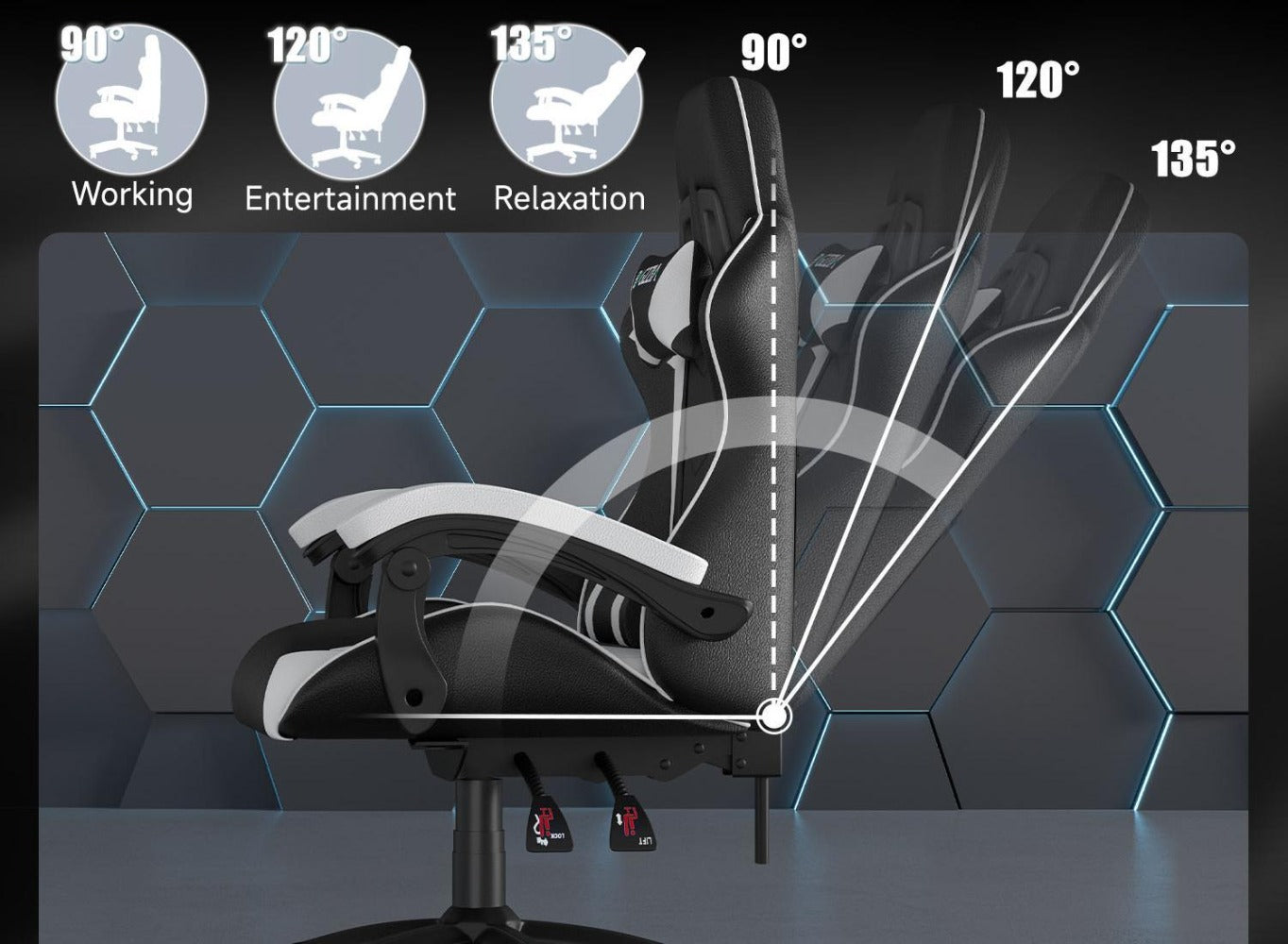 High-Back Gaming Chair with Lumbar Cushion & Headrest – Height Adjustable 90°-155° Reclining Office Computer Chair for Adults 130kg Capacity 10 Colours