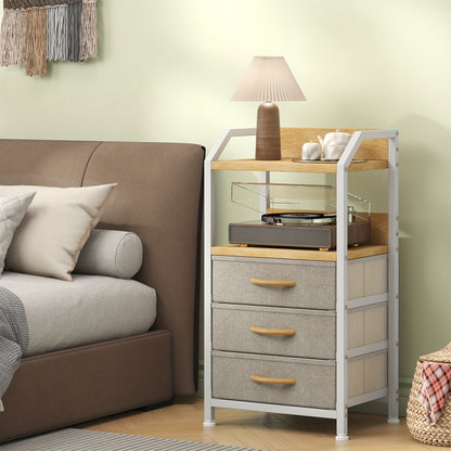 Modern End Table with 3 Fabric Drawers & 2 Open Shelves - Metal Frame Bedside Table, Light Beige Finish, 68.58cm Height, 3, 2 Cu Ft Storage, Easy Assembly for Bedroom & Living Room, Bedroom Nightstand, Contemporary Design, Sturdy Construction, Minimalist