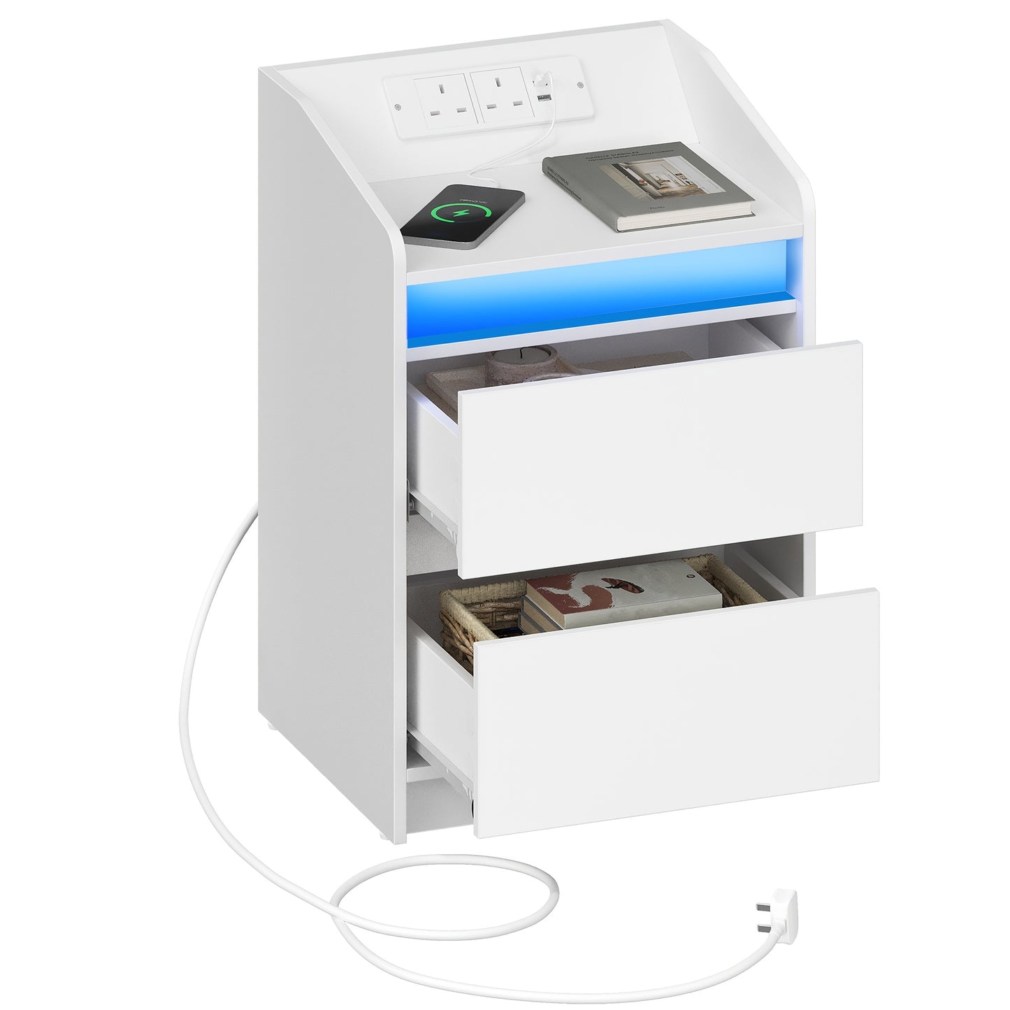 Bedside Tables, Side Table with LED Lights, Charging Station, USB Ports And Electrical Outlets, 2 Drawers, Ideal for Living Room And Bedroom, White