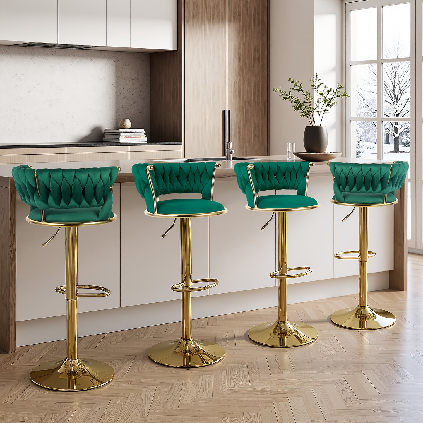 2pcs Modern Swivel Woven Velvet Bar Stools/360° Swivel Adjustable Height with Backs Golden Metal Tall Bar Stools Counter Height for Kitchen Island/for Christmas, Festival, New Year's Gift
