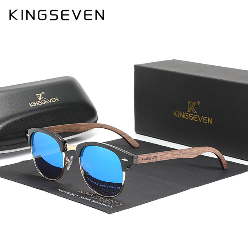 KINGSEVEN Black Walnut Wooden Handmade Semi-Rimless Retro Polarized Eyewear for Men Women