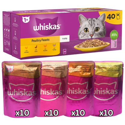 Whiskas Poultry Feasts in Jelly Adult Cat Food 40x85g | Variety Pack 10x Chicken, 10x Duck, 10x Poultry, 10x Turkey | Wet Cat Food Pouches for Cats 1+ | Supports Skin, Coat & Muscles