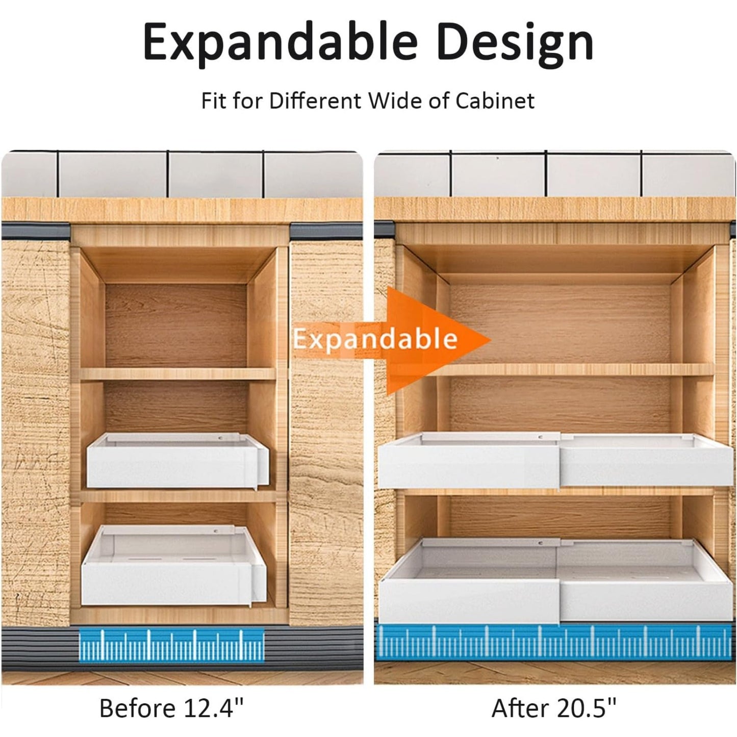 Pull Out Cabinet Organizer, Adjustable Expandable Slide Out Drawer, Roll-Out Sliding Drawer Organiser Shelf for Kitchen & Bathroom Storage,Easy Installation with Adhesive Film