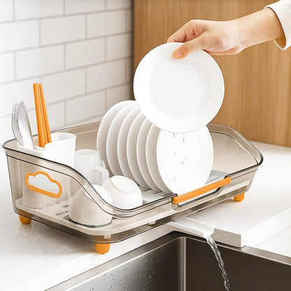 1pc Dish Drying Rack with Handle & Drainboard - Space-Saving Compact Design with Utensil Holder, Durable Plastic Construction, Easy to Clean & Move - Over Sink or Countertop Use for Small Kitchens, Apartments, RVs - Modern White & Golden Kitchen Organizer