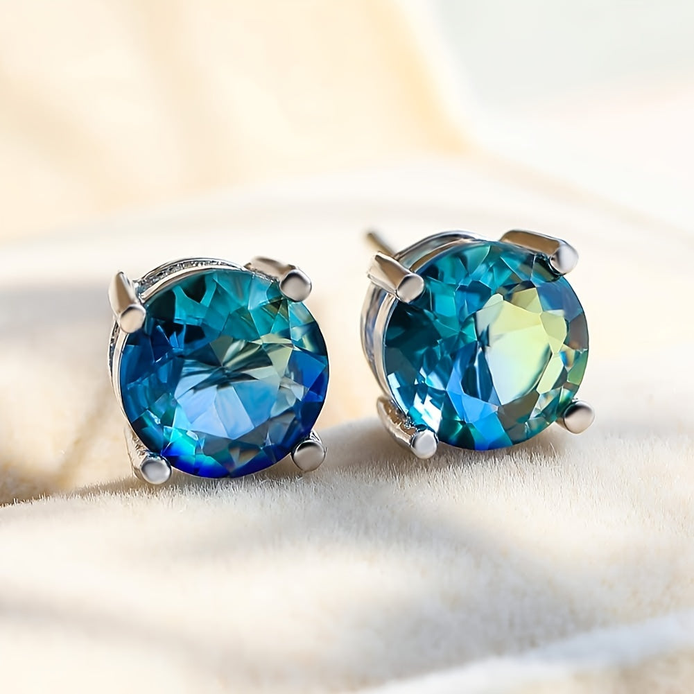 [Sterling Silver Earrings] 925 Earrings, Color Earrings, Multi-Color Anti-Allergy, 678 Mm Round Single Gem Earrings, Suitable for Women And