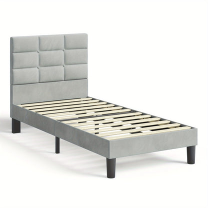 Velvet Bed Frame with Headboard & Wooden Slats | No Box Spring | No Pillow Gap | 30-Min Tool-Free Assembly | Single Double King Super King | Light Grey Platform Bed