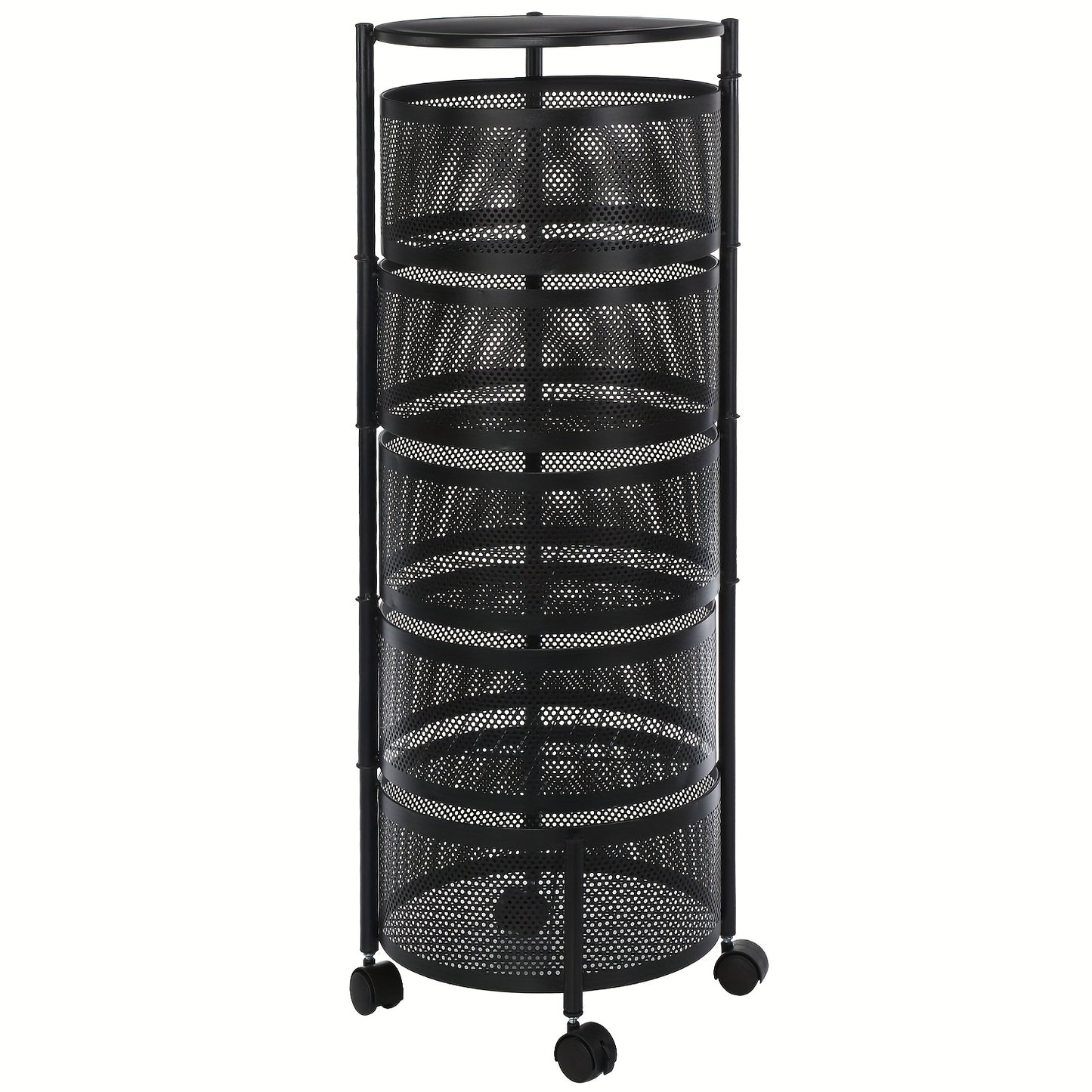 5-Tier Round Vegetable Storage Rack Black Metal Wire Basket with Wheels, Space-Saving Organizer, Shelf Baskets