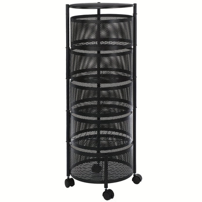 5-Tier Round Vegetable Storage Rack Black Metal Wire Basket with Wheels, Space-Saving Organizer, Shelf Baskets