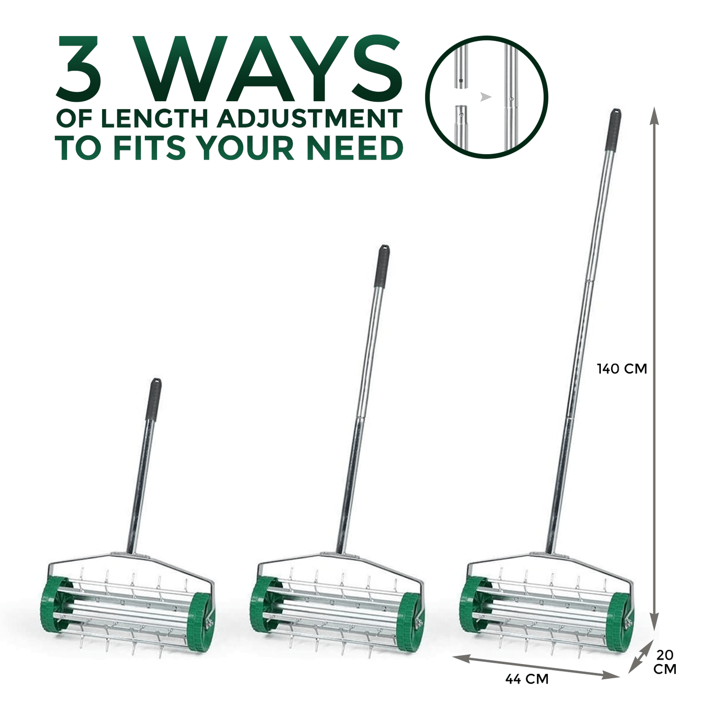 Manual Grass Spikes Roller, Garden Rolling Lawn Aerator with 3pcs Removable Metal Handle, Heavy Duty Outdoor Garden Lawn Tool, Green