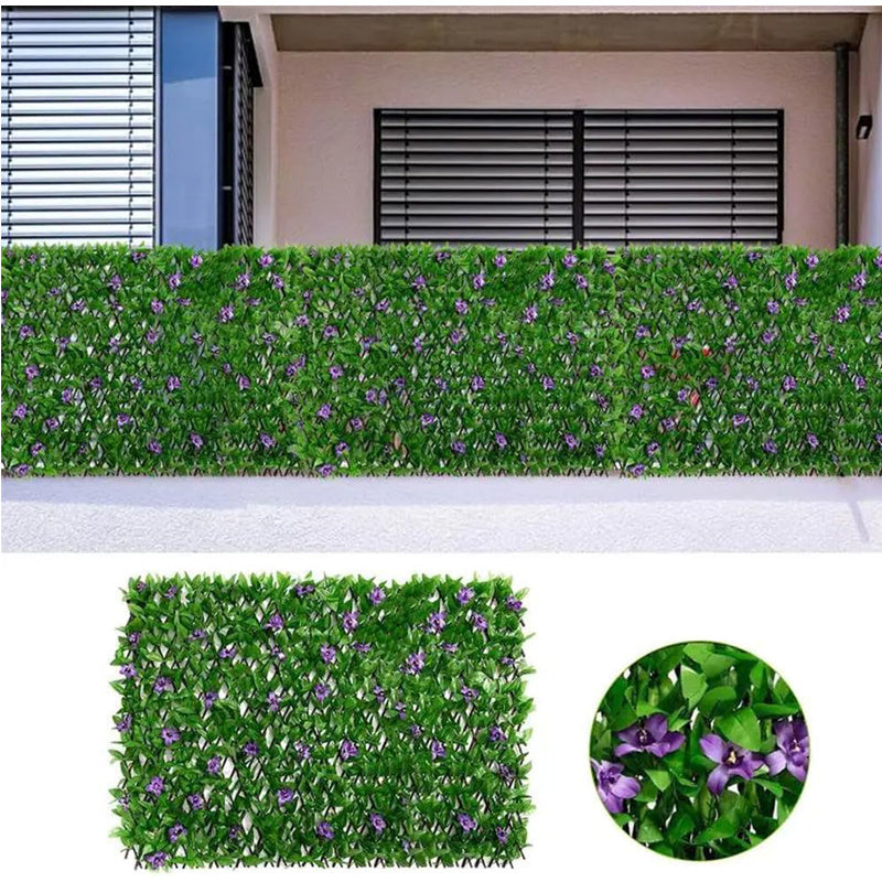 Expanding Garden Trellis Panels, 180X30Cm Expandable Garden Fence Screening with Artificial Ivy And Violet Flower, Decorative Faux Ivy Leaf Privacy Screen Greenery Backdrop for Backyard