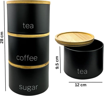 Trendi Set of 3 Tea, Coffee & Sugar Stackable Airtight Canisters- Black Storage Jars with Bamboo Lids – Easy to Open, Labelled Containers for Organized Kitchen Storage