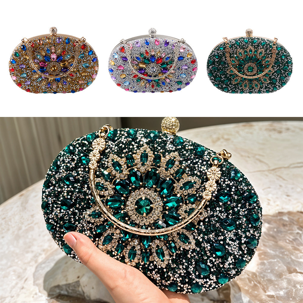 Women Evening Bag Multicolor Clutch Bag Luxury Crystal Handbag Bridal Wedding Purse Glitter Shoulder Bag with Detachable Chain Banquet Party Prom Crossbody Bag Gold-Multicolour, Green/ Gold/ Silver