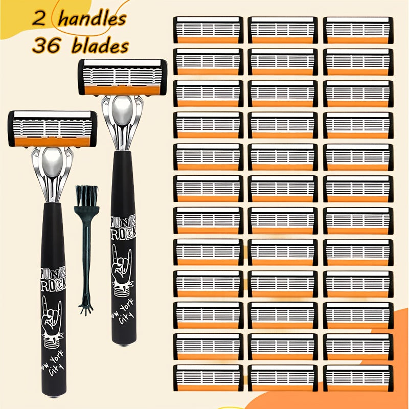 Hip-Hop Style Men'S Manual Razor with Orange And White Blade Color Scheme, Featuring Six Ultra-Sharp Blades. Each Set Includes 2 Premium Handles And 36 Replacement Blade Cartridges, Comes with a Cleaning Brush for Easy Maintenance And Repeated Use