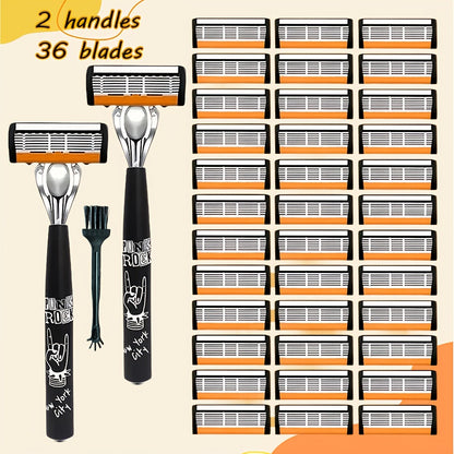 Hip-Hop Style Men'S Manual Razor with Orange And White Blade Color Scheme, Featuring Six Ultra-Sharp Blades. Each Set Includes 2 Premium Handles And 36 Replacement Blade Cartridges, Comes with a Cleaning Brush for Easy Maintenance And Repeated Use