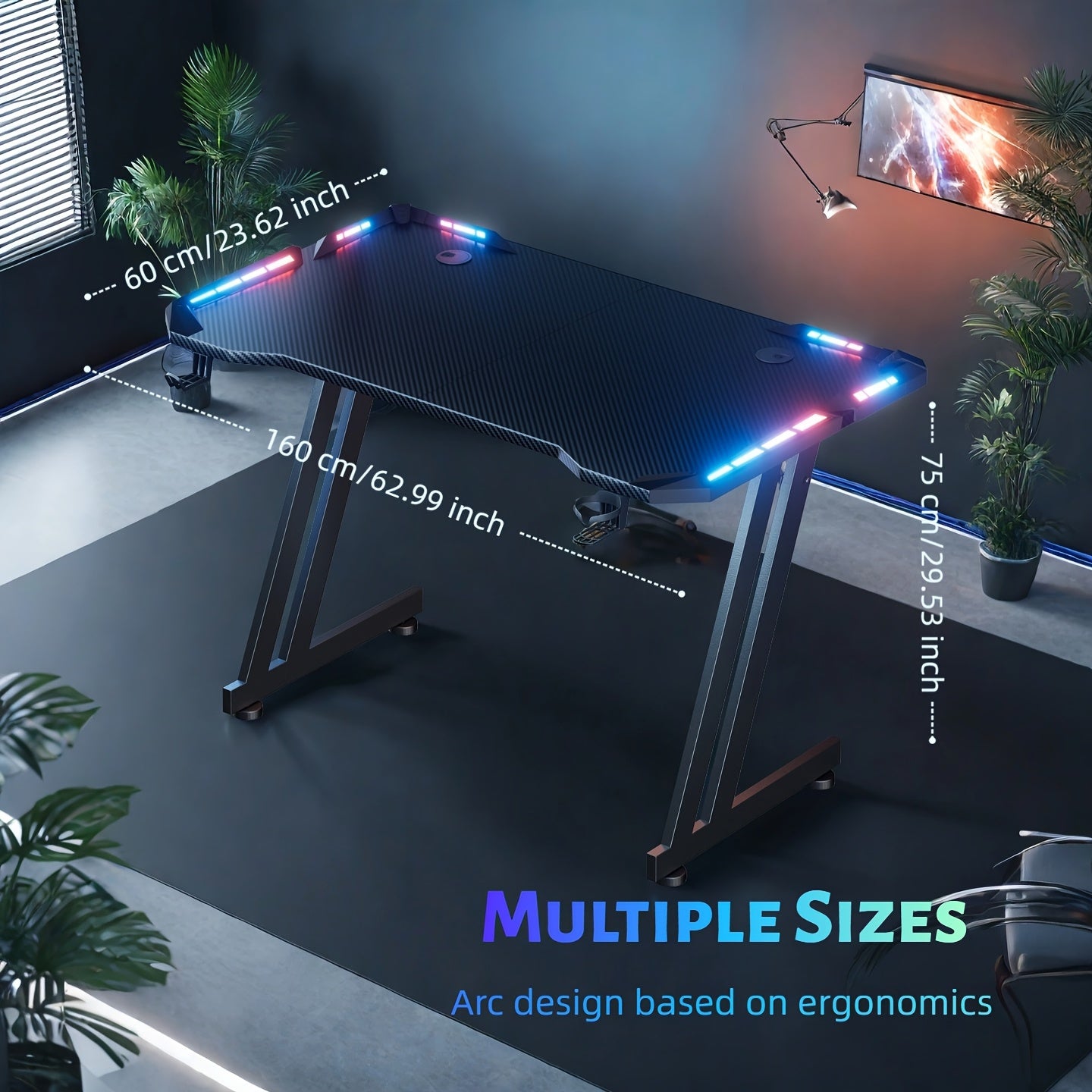 RGB Gaming Desk with LED Lights and Mouse Pad, Large Ergonomic Computer Desk with Cup Holder & Headphone Hook,Modern Carbon Fiber Design for PC Gaming & Home Office,Black