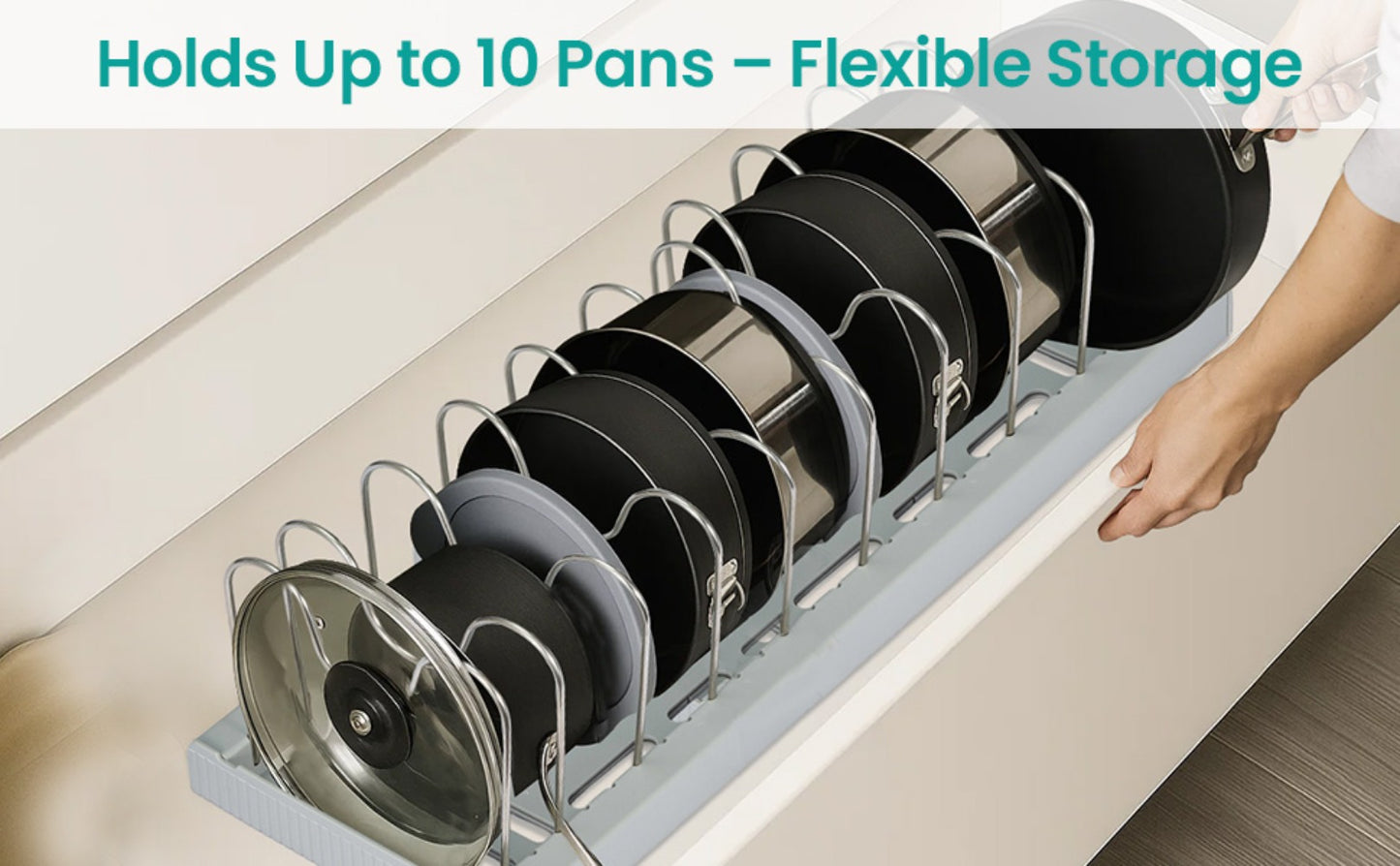 Expandable Pan Lid Organiser Rack 7/10 Adjustable Dividers, Anti-slip Pantry Cupboard Organiser Kitchen Drawer Bakeware Plate Holders for Pots, Pans, Chopping Board, Saucepan, Baking Trays